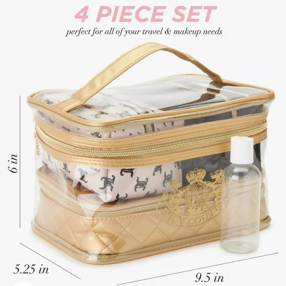 NWT Juicy Couture Gold & Black Cosmetic Bag Set PLUS Travel Toiletry Bottle NEW